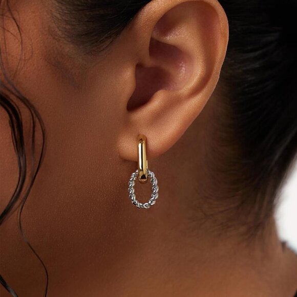 Silver Plated Hoop Earrings Women Double Two Tone Jewelry Gifts Safe - Picture 2 of 7